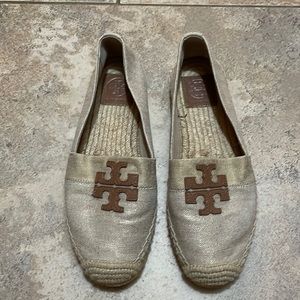 Gently worn Tory Burch tan espadrilles and dust bag